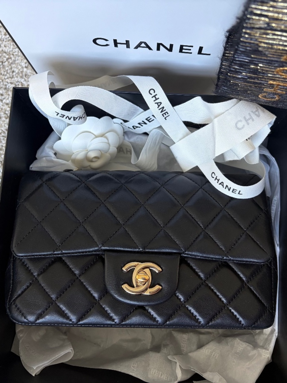 Chanel Classic Black Lambskin Flap Rectangular Mini LGHW 24 series